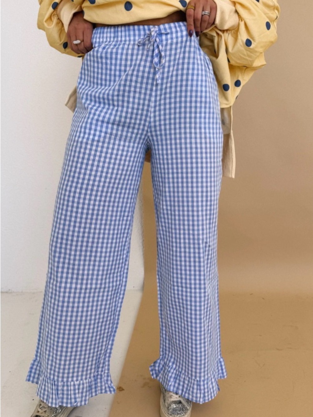 Checked Wide-Leg Pajama Pants in Light Blue